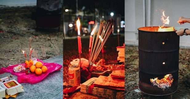 Một bức ảnh ghép gồm ba cảnh cúng ngoài trời với lễ vật là trái cây, nến đang cháy, và một thùng phuy kim loại đang đốt vàng mã.