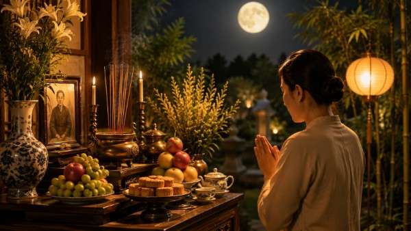 Gia đình dâng hương cúng rằm tháng 8