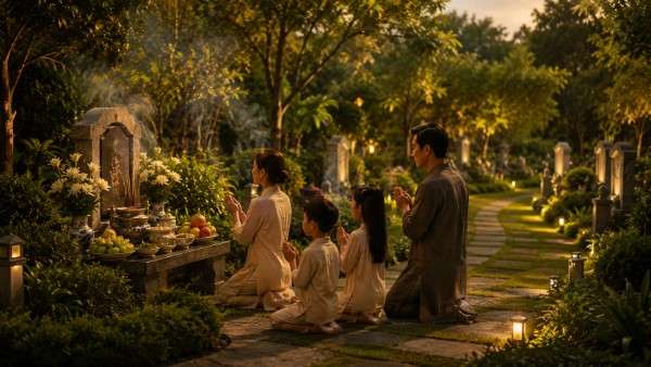 Gia đình dâng hương trong khu tưởng niệm xanh của Sala Garden
