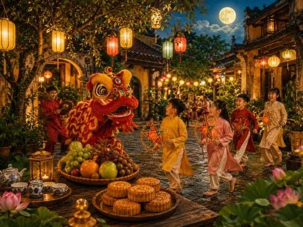 Mâm cỗ Trung thu truyền thống với bánh và trái cây