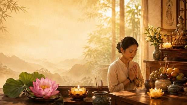 Người phụ nữ cầu nguyện trong tháng 7 âm lịch với hương, hoa sen và không gian bình an.