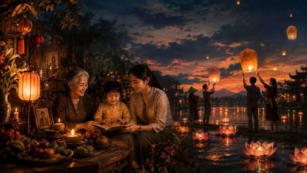 Gia đình Việt tưởng nhớ tổ tiên và thả đèn hoa đăng trong tháng 7 âm lịch.