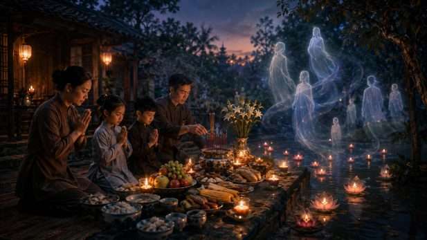 Gia đình thắp hương trong lễ xá tội vong nhân