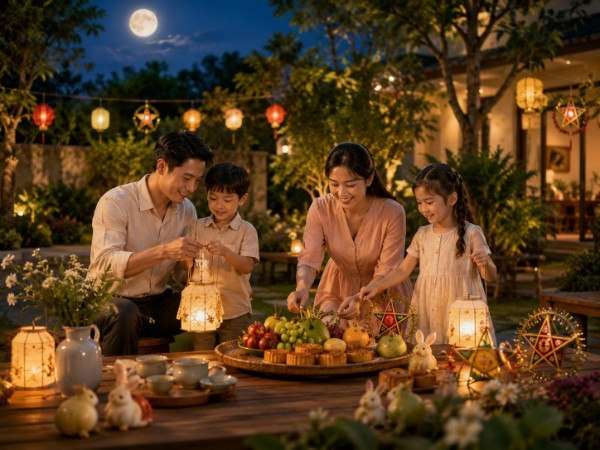 Gia đình chuẩn bị mâm cỗ Trung Thu