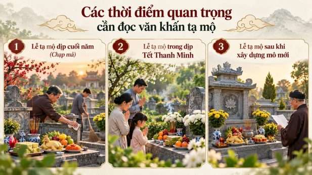 Ba thời điểm đọc văn khấn tạ mộ gồm lễ tạ mộ cuối năm, Tết Thanh Minh và sau khi xây dựng mộ mới.