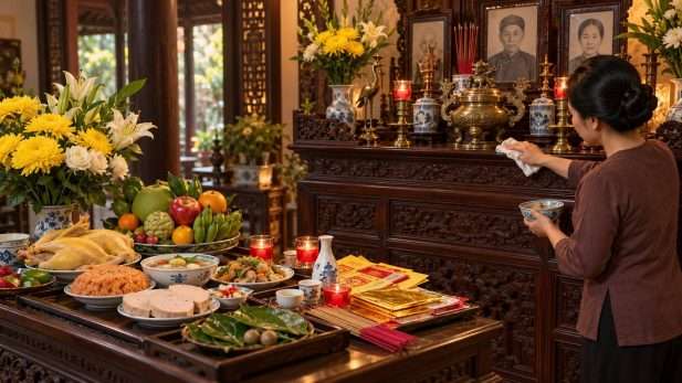 Mâm cúng giỗ truyền thống với gà luộc, xôi, trái cây, hoa tươi và gia chủ lau dọn bàn thờ tổ tiên.