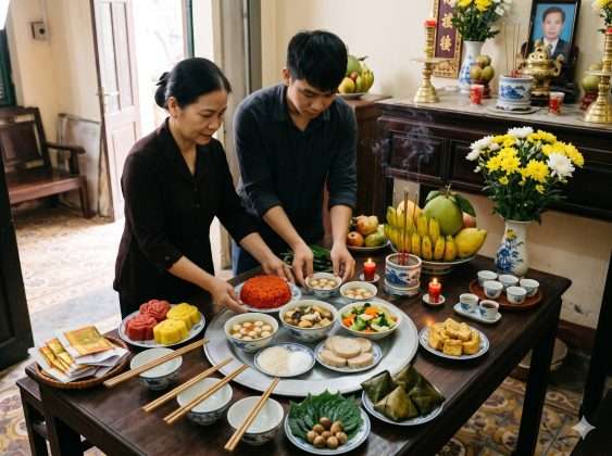 Hướng dẫn cách chuẩn bị mâm cúng thất chay thanh tịnh bao gồm xôi chè, hoa cúc tươi và trái cây.
