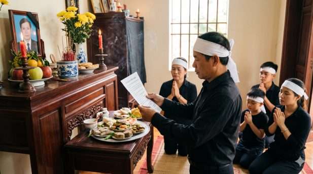 Người con trưởng đang đọc bài văn khấn cúng 7 ngày cho người mới mất