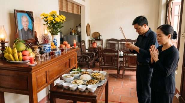 Người đại diện gia đình đang chắp tay dâng hương và đọc văn khấn cúng thất trước bàn thờ gia tiên.