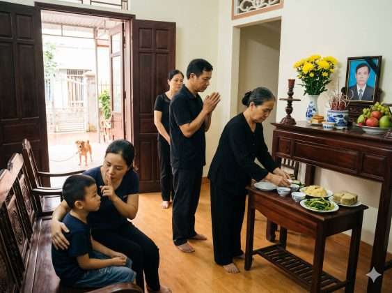 Không gian bàn thờ cúng thất thanh tịnh, yên tĩnh giúp linh hồn người đã khuất an tâm chuyển nghiệp.