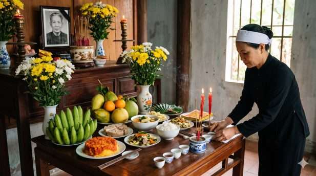 Mâm lễ vật cúng 7 ngày cho người mới mất gồm hoa tươi, trái cây và đồ chay