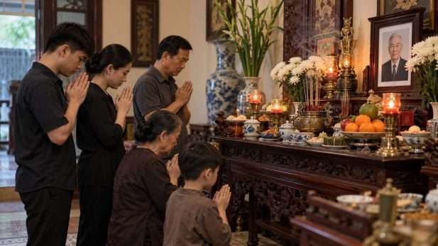 Các thành viên trong gia đình thành kính cầu nguyện trước bàn thờ người đã khuất trong lễ cúng thất.