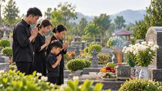 Gia đình mặc trang phục tối màu, đứng trang nghiêm thắp hương trước phần mộ người thân tại nghĩa trang.