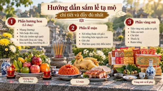 Hướng dẫn sắm lễ tạ mộ đầy đủ gồm hương hoa, mâm ngũ quả, xôi, gà luộc, giò chả, trầu cau và vàng mã.