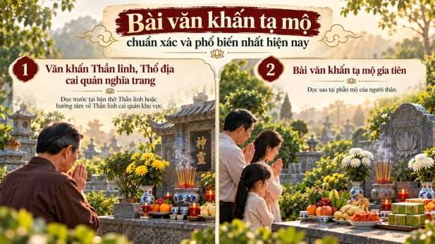Minh họa hai nghi thức đọc văn khấn tạ mộ gồm khấn Thần linh Thổ địa và khấn gia tiên tại phần mộ.
