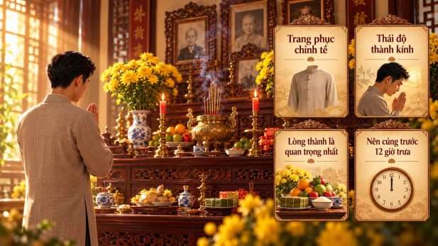 Người đàn ông mặc trang phục chỉnh tề thành kính khấn trước bàn thờ cùng bốn lưu ý về nghi lễ cúng giỗ.