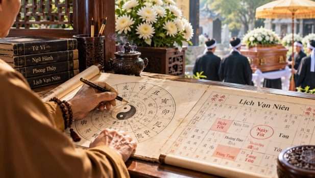 Chuyên gia phong thủy đang tra cứu lịch vạn niên và tính toán ngũ hành để chọn ngày tốt, giờ hoàng đạo cho đám tang.