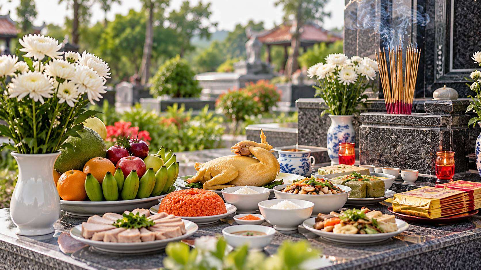 Mâm lễ cúng 7 ngày tại mộ gồm gà luộc, xôi, trái cây, hoa cúc trắng, nhang đèn và các món ăn truyền thống.