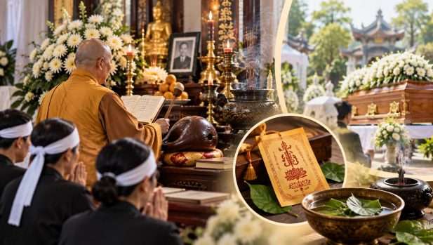 Các sư thầy đang lập đàn cầu siêu và tụng kinh gõ mõ để hóa giải phong thủy khi tang lễ không diễn ra vào ngày tốt.