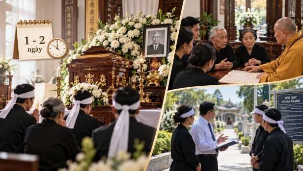 Đại diện gia quyến đang họp bàn nội bộ để thống nhất thời gian và chọn ngày tốt tổ chức tang lễ theo quy định.