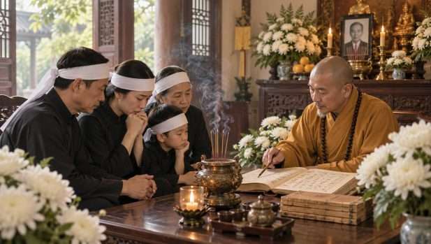 Hình ảnh bàn thờ Phật và gia tiên thanh tịnh, mang ý nghĩa tâm linh sâu sắc khi gia đình chọn ngày tốt cử hành hậu sự.