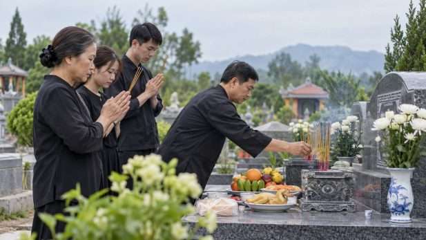 Gia đình thắp hương tại phần mộ người thân trong lễ cúng 7 ngày sau khi mất.