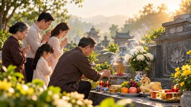 Gia đình thành kính dâng hương, đọc văn khấn tạ mộ để tưởng nhớ và tri ân ông bà tổ tiên.