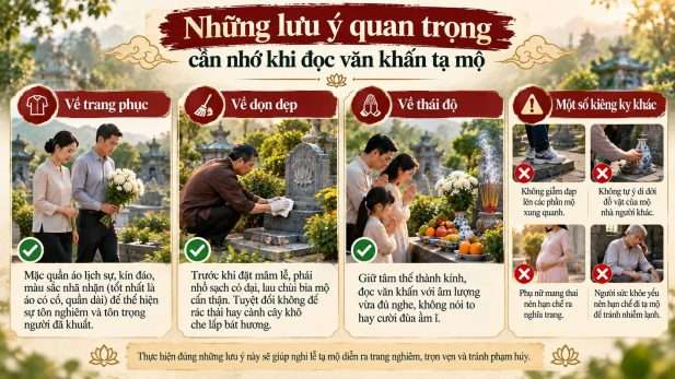Những lưu ý khi đọc văn khấn tạ mộ về trang phục lịch sự, dọn dẹp mộ phần, thái độ thành kính và các điều kiêng kỵ.