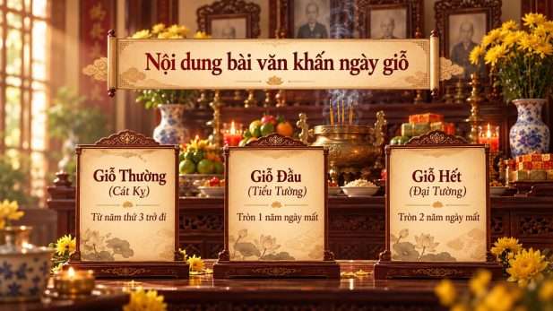 Minh họa ba loại văn khấn ngày giỗ truyền thống gồm Giỗ Đầu, Giỗ Hết và Giỗ Thường trên nền bàn thờ gia tiên.