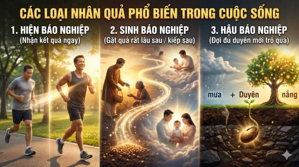 Phân loại các loại nhân quả phổ biến theo thời gian trổ quả gồm hiện báo, sinh báo và hậu báo nghiệp