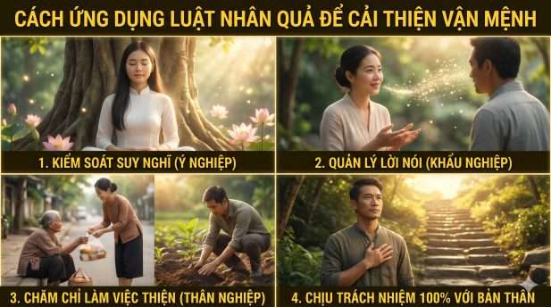 Cách ứng dụng luật nhân quả bằng cách kiểm soát suy nghĩ lời nói và làm việc thiện