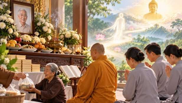 Người thân làm việc thiện, tụng kinh niệm Phật hồi hướng để người mất sớm được đầu thai.