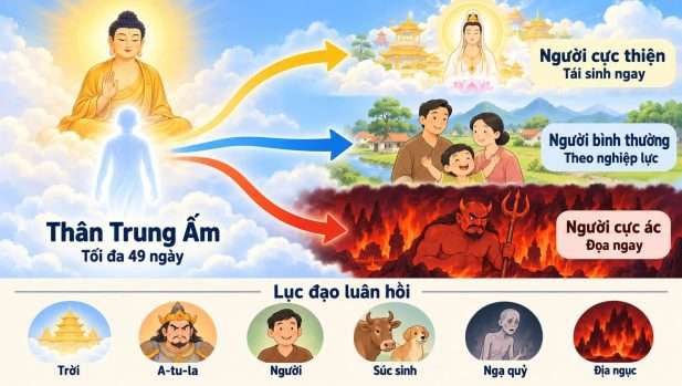 Lục đạo luân hồi và thời gian đầu thai phụ thuộc vào nghiệp lực theo đạo Phật.